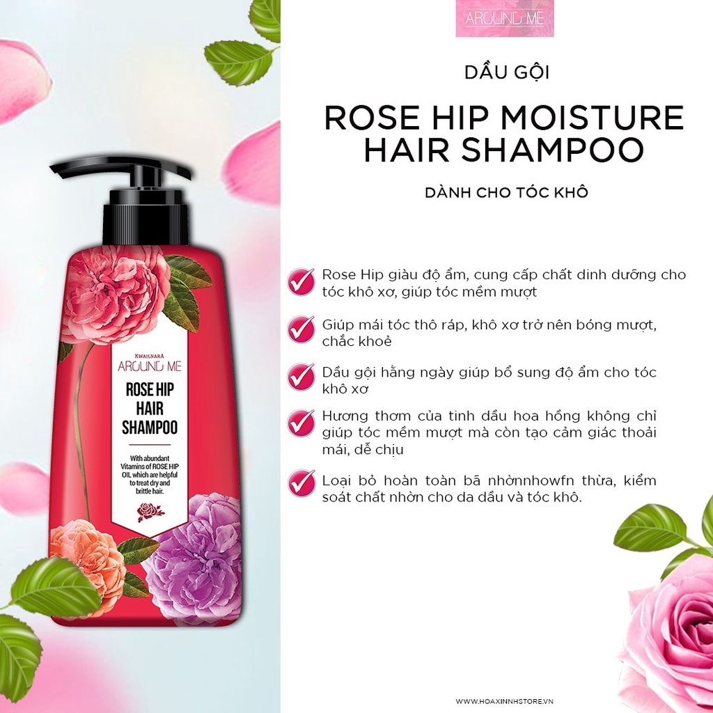 Combo Dầu Gội Và Dầu Xả Thảo Mộc Mềm Mượt Tóc Around Me Rose Hip Perfume Hair Shampoo Hương Hoa Hồng 500ml