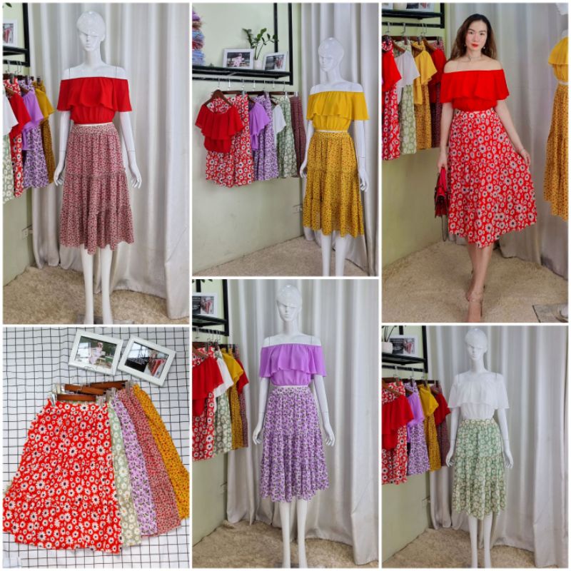 Chân váy hoa xòe 3 tầng mix cùng áo croptop cổ bèo to siêu xinh, là hàng thiết kế may kỹ. Ảnh thật.