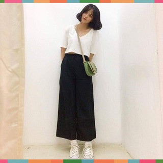 TONG SET ÁO CROPTOP TIM MIX QUẦN CULLOTE ĐEN BASIC HOT
