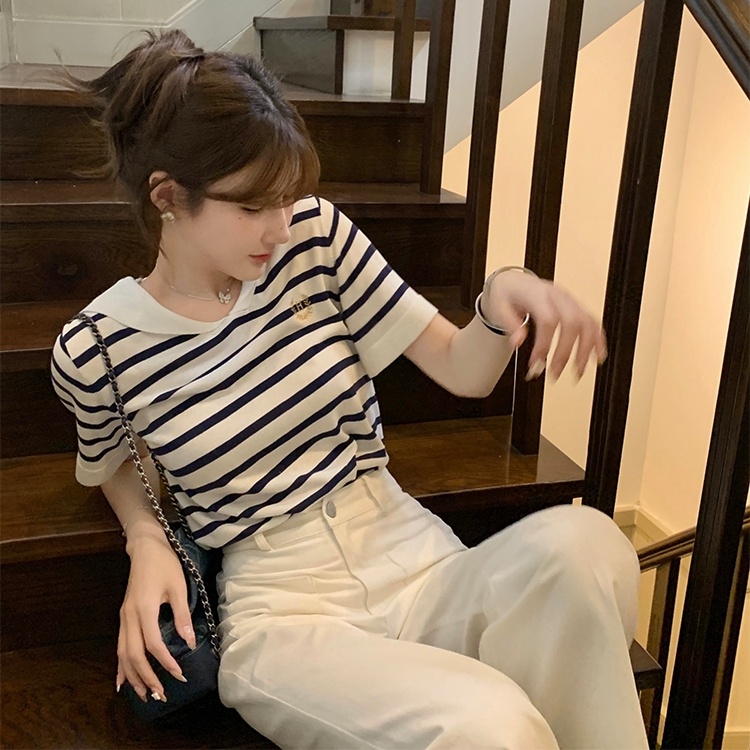 Áo thun SUXI ngắn tay cổ chữ V họa tiết kẻ sọc đơn giản thời trang mùa hè cho nữ