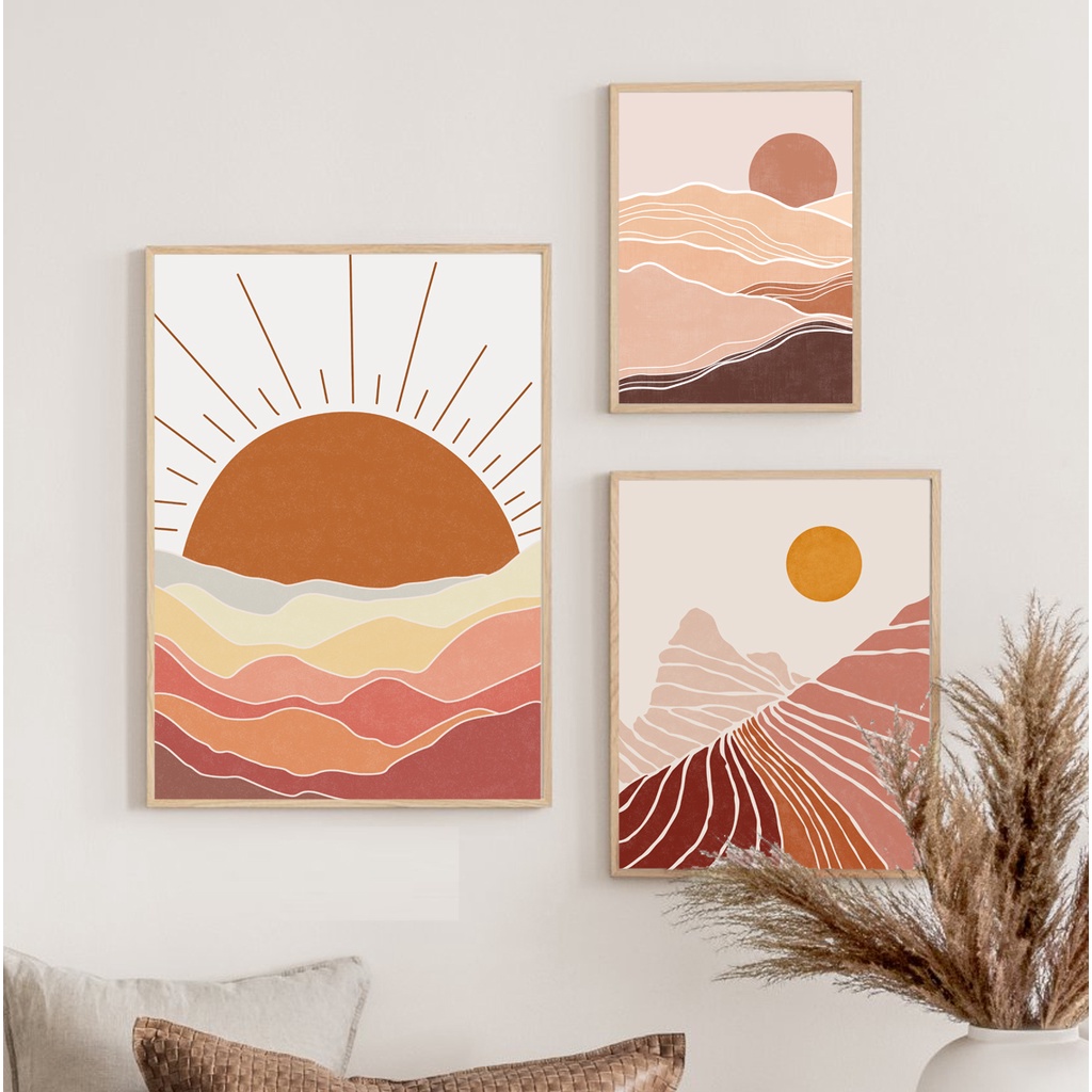 Set 3 tranh canvas trang trí treo tường khung vân gỗ, tặng kèm đinh treo