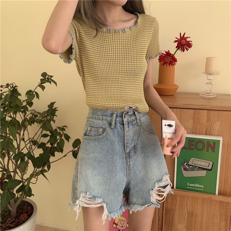 AMOI Áo Thun Tay Ngắn Họa Tiết Sọc Thời Trang Phong Cách Hàn Quốc Cho Nữ