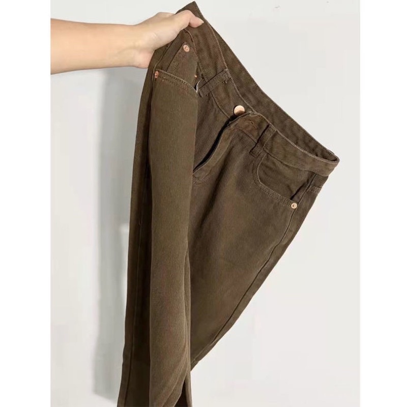 Quần jean suông dáng baggy màu khaki nâu dễ mặc, che khuyết điểm-344