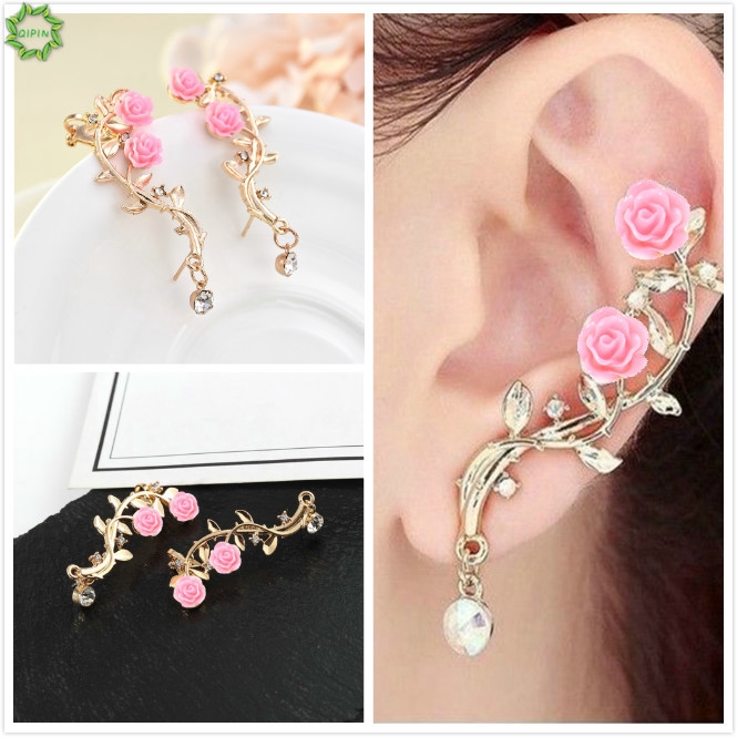 Hoa tai đinh tán hình cành hoa màu vàng hồng sáng tạo kiểu Hàn cho nữ