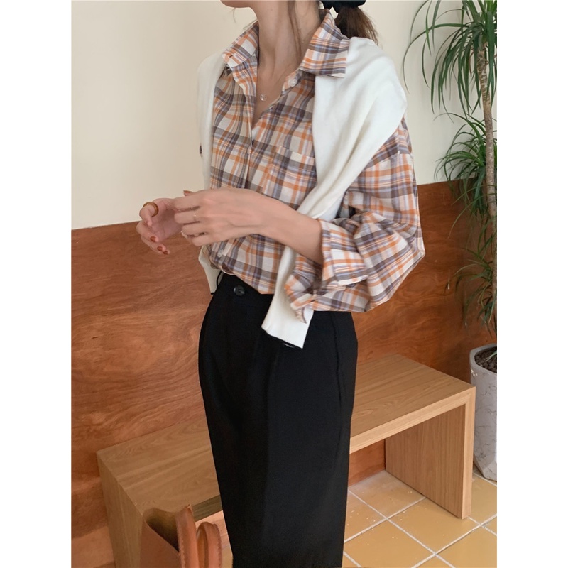 SUXI Áo Sơ Mi Tay Dài Form Rộng Họa Tiết Sọc Caro Phong Cách Retro Hàn Quốc