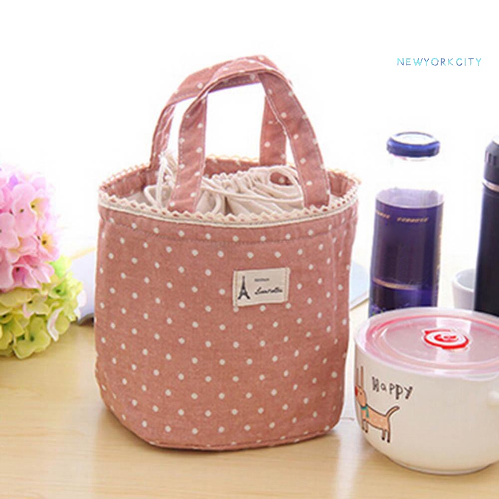Túi Đựng Cơm Trưa Cách Nhiệt Bằng Vải Cotton Lanh Họa Tiết Chấm Bi Có Dây Rút
