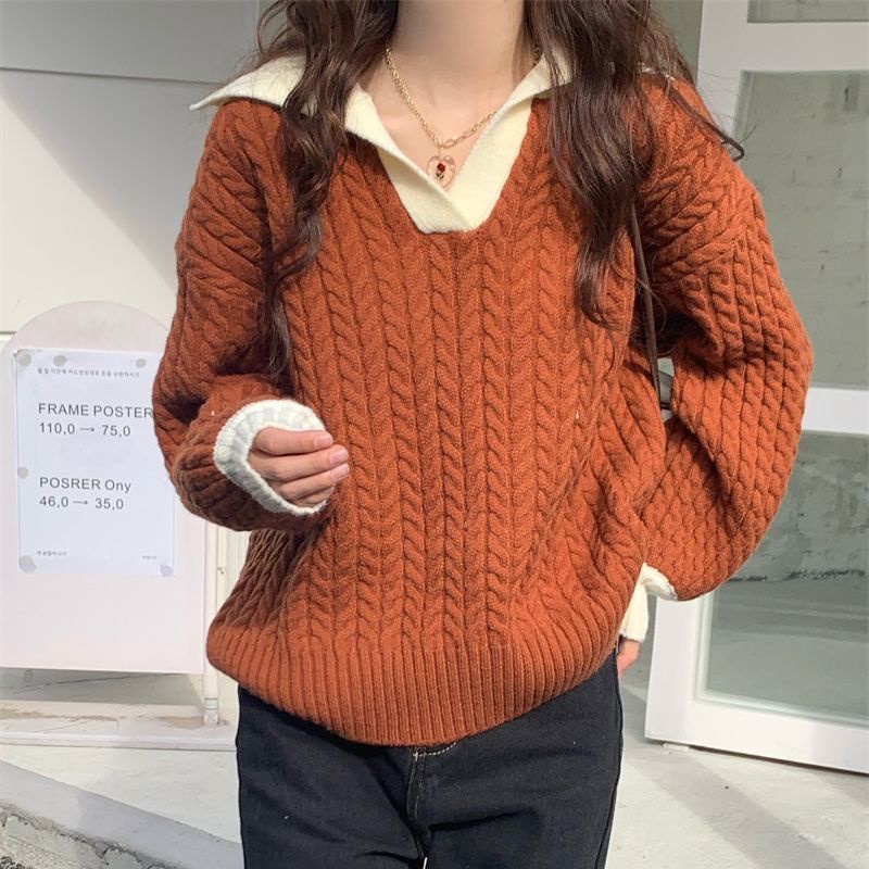 Áo Sweater Mềm Mại Dáng Rộng Dài Tay Phối Màu Tương Phản Kiểu Retro Thời Trang Thu Đông 2022 Cho Nữ