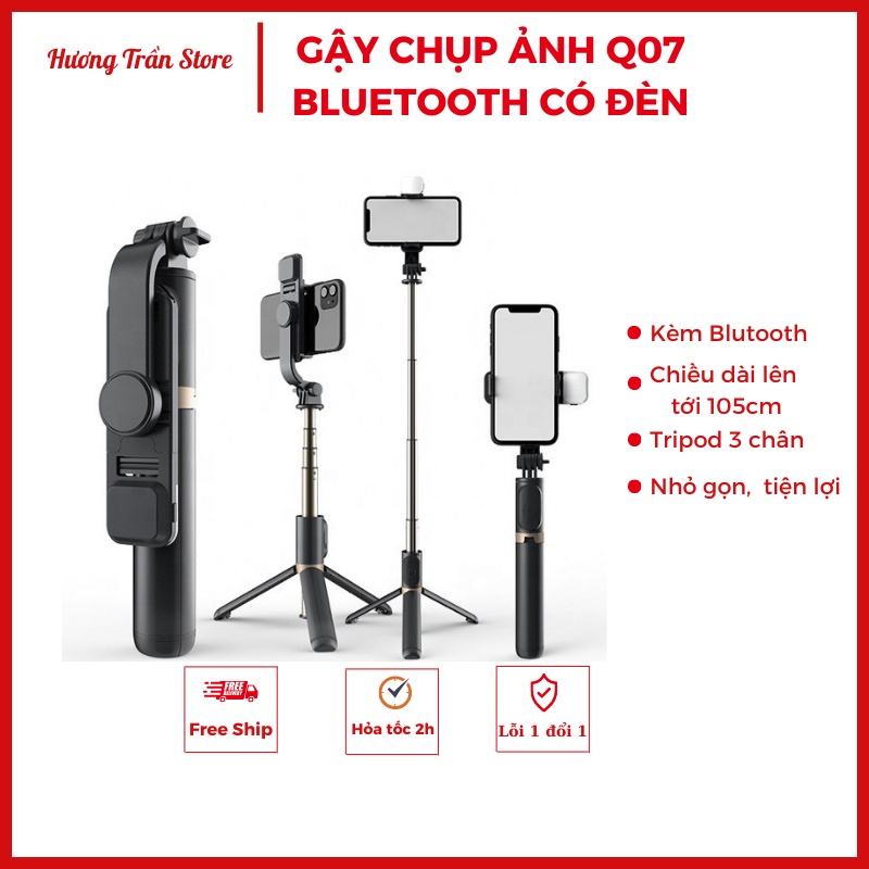Gậy chụp ảnh tự sướng Q07 3 chân đa năng có đèn + Remote Bluetooth, chân cao tối đa 105cm, nhỏ gọn tiện lợi