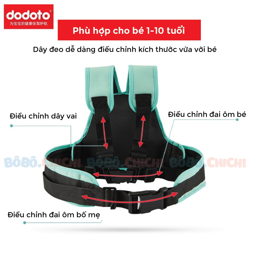 Đai đi xe máy CHÍNH HÃNG DODOTO an toàn cho bé từ 1-10 tuổi, ngồi trước, ngồi sau, có túi đựng đồ