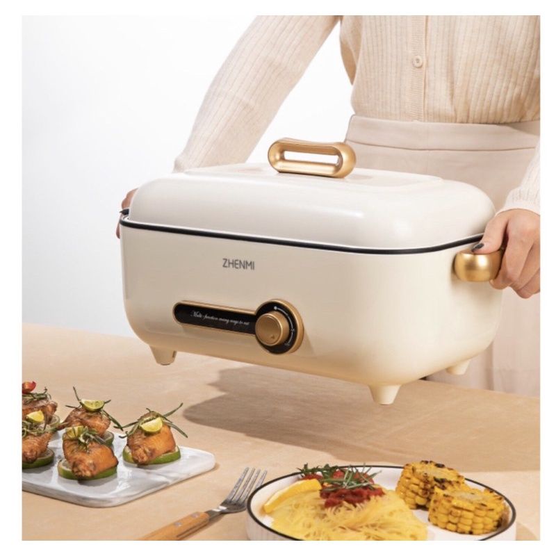 Nồi lẩu, bếp nướng, hấp, chiên, xào, rán đa năng zhenmi dung tích 4 lít, công suất 1500w bảo hành chính hãng 12 tháng