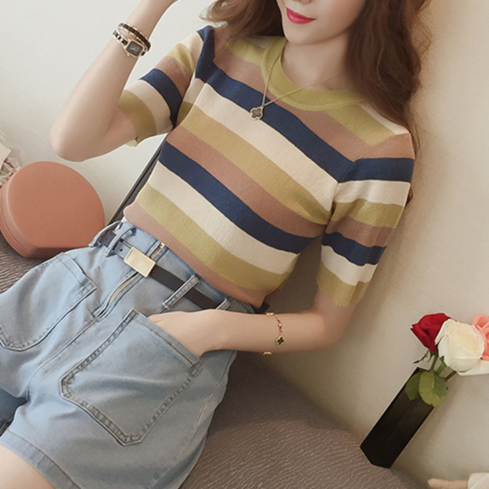 Áo Thun Lụa Lạnh Dệt Kim Họa Tiết Kẻ Sọc Nhiều Màu Sắc Thời Trang Mùa Hè
