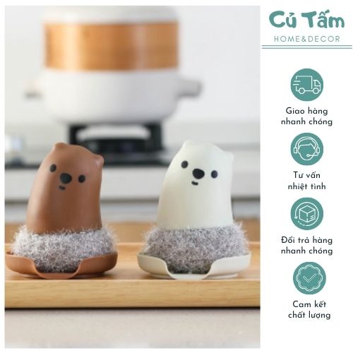 Miếng rửa chén bát, miếng chà nồi, miếng cọ nồi, miếng rửa bát có tay cầm hình gấu thay được