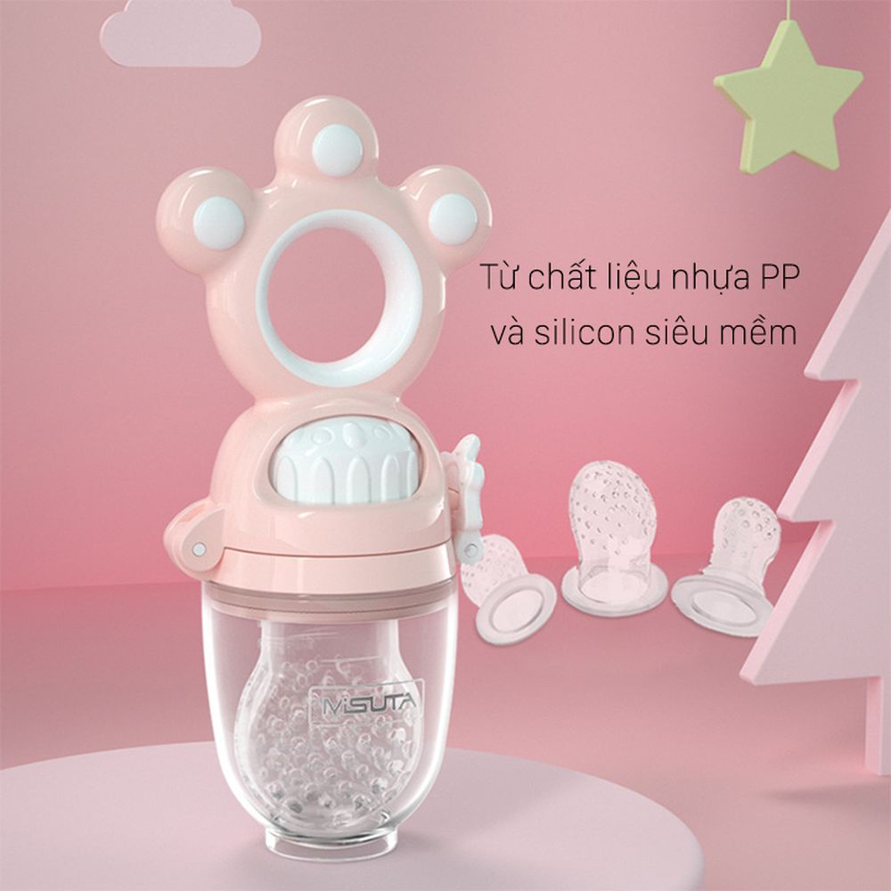 Túi Nhai Ăn Dặm Misuta Silicon Cao Cấp Cho Bé - Túi Nhai Chống Hóc ( Kèm 3 Núm ) Có Nút Đẩy Thức Ăn