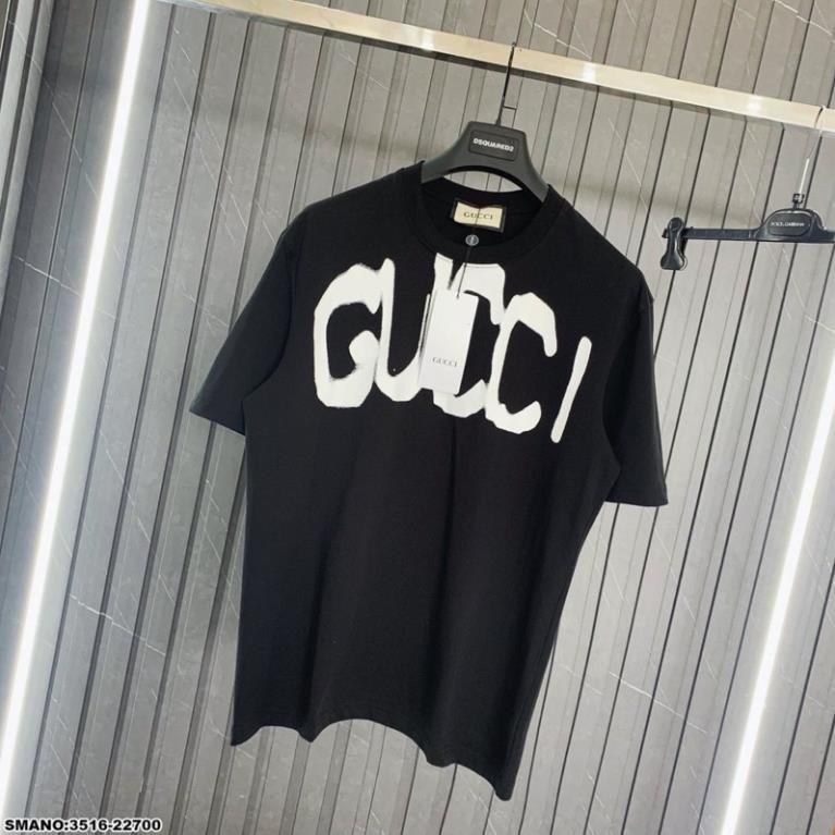 Áo Cộc Tay Trắng Nam Nữ Chữ Gucci Đậm Vải Cotton Cao Cấp Co Giãn 4 Chiều
