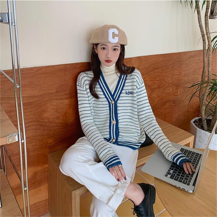 Áo cardigan ZHELIHANGFEI dệt kim tay dài dáng rộng hoạ tiết kẻ sọc cho nữ