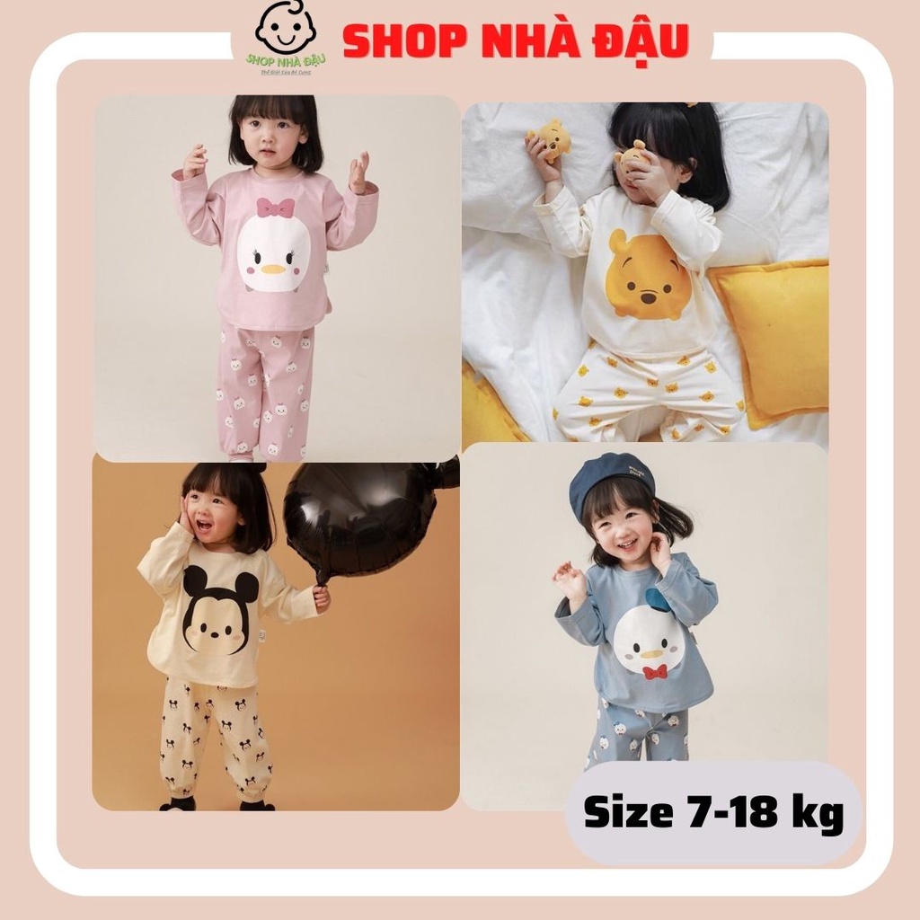 Bộ Dài Tay Quần Dài Bo Chun Hình Gấu và Mickey Cho Bé Trai Bé Gái Size 7-18kg