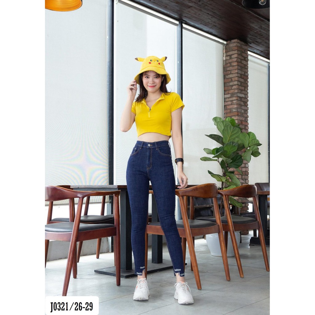 Quần Jean Nữ Skinny Xanh Đậm Lai Thêu Chữ Thời Trang J0321