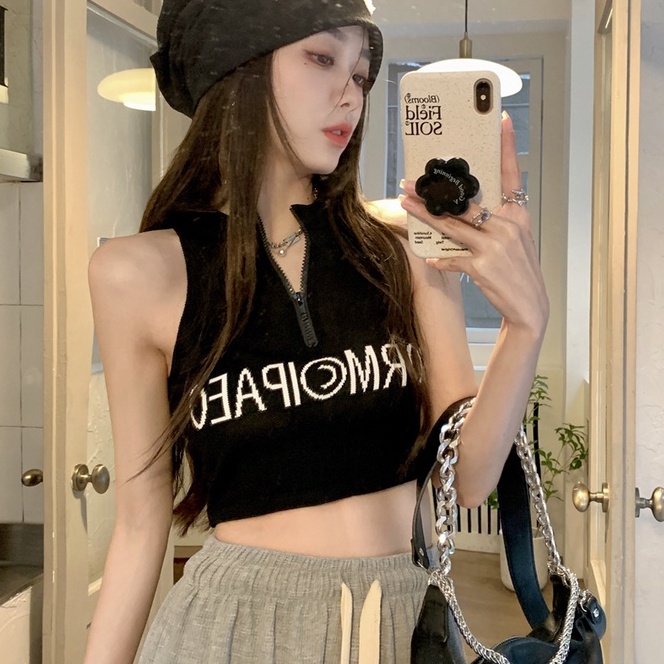 Áo dệt kim ZHELIHANGFEI sát nách hở eo phối khóa kéo thời trang cá tính cho nữ