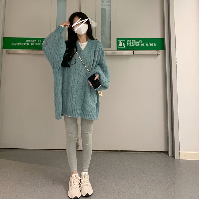 Áo Sweater Dệt Kim Cổ Chữ V Dáng Rộng Phong Cách Hàn Quốc Thời Trang Mùa Đông Cho Nữ