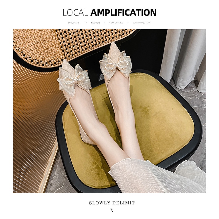 Giày Búp Bê Đế Thấp Mũi Nhọn Đính Nơ Cỡ Lớn Thoải Mái Phong Cách Mới Cho Nữ Size 41-43