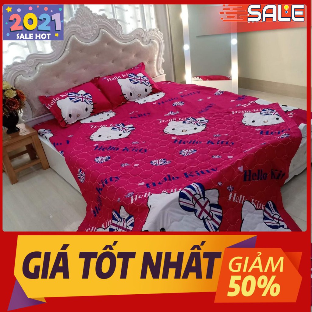 Bộ chăn ga gối 1m, gồm 1 chăn hè trần bông 1 ga 2 vỏ gối nằm, free ship-hello kitty cờ anh