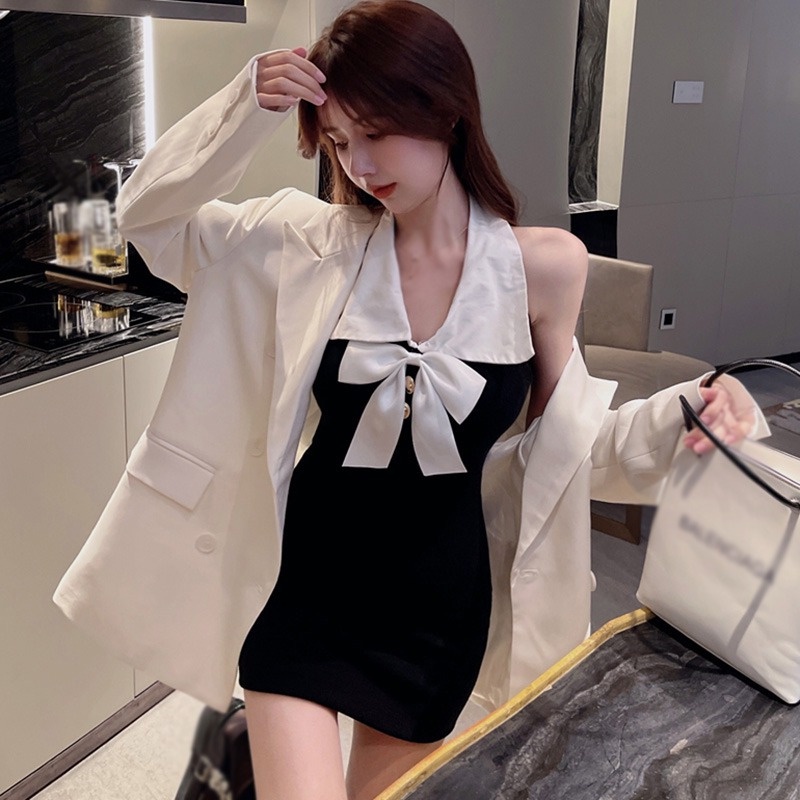 Đầm Ngắn Hở Lưng Ôm Dáng Đính Nơ Phong Cách Hàn Quốc