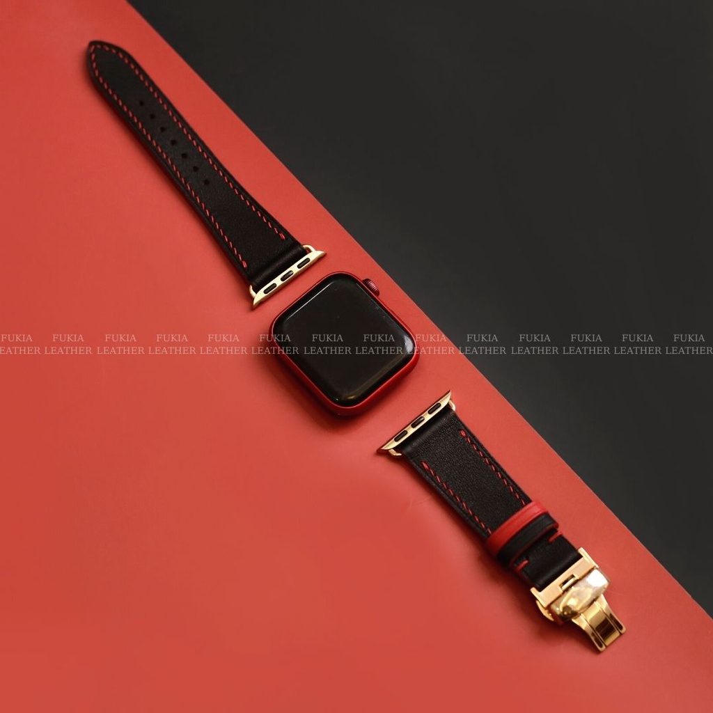 Dây da thủ công Swift Đen Mix Chỉ Đỏ dành cho Apple Watch, đồng hồ thông minh, đồng hồ cơ