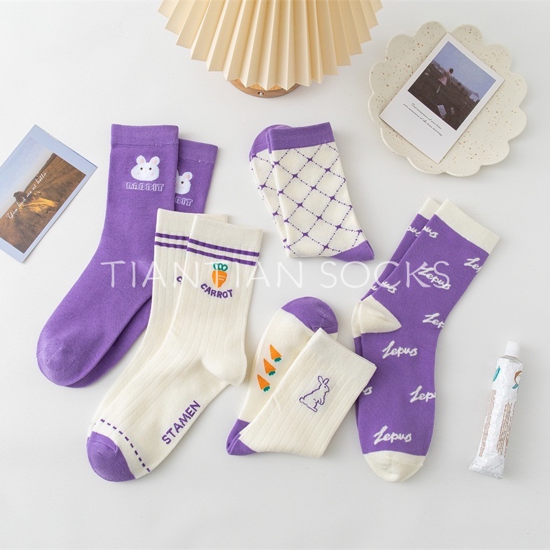 TIAN TIAN T114 Tất vớ nữ cổ cao Đôi vớ Cotton in hình thỏ dễ thương nhiều màu phong cách Nhật Bản