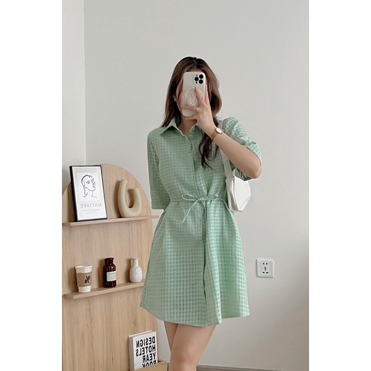 Váy sơ mi chất vải lạ - ĐẦM POLO SUÔNG có dây nơ