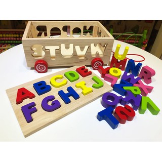 Xe kéo thả chữ Tiếng Anh đồ chơi thông minh bằng gỗ, bảng chữ cái nhận dạng cho bé thông minh