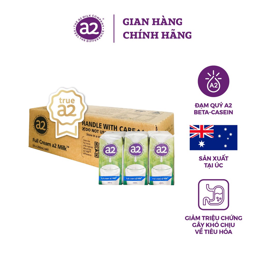 Thùng Sữa Tươi Tiệt Trùng Nguyên Chất a2 Milk (24 hộp x 200ml)