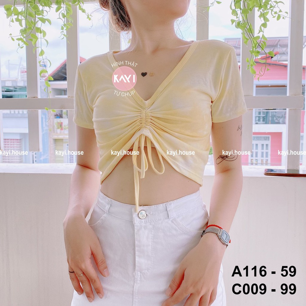 Áo croptop loag màu rút dây giữa A116