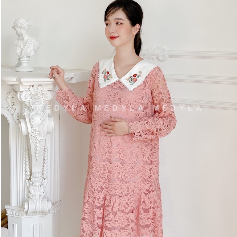 MEDYLA - Đầm bầu dự tiệc thu đông xinh 2 lớp váy ren lót lụa cổ thêu hoa - VS877