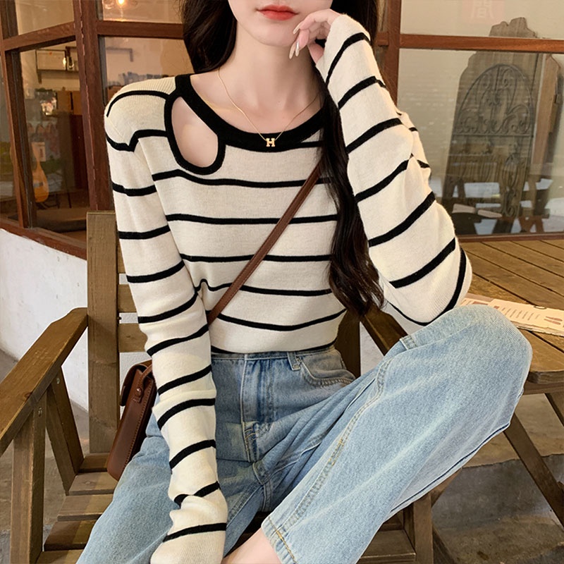 Áo Thun Tay Dài Dệt Kim Họa Tiết Sọc Trắng Đen Thời Trang Hàn Quốc Cho Nữ