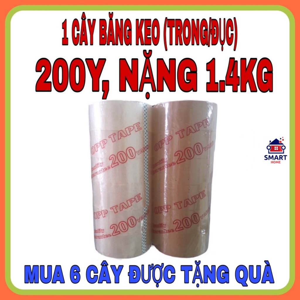 ⭐BĂNG KEO TRONG, ĐỤC 200 YARD, NẶNG 1.4KG, GỒM 6 CUỘN