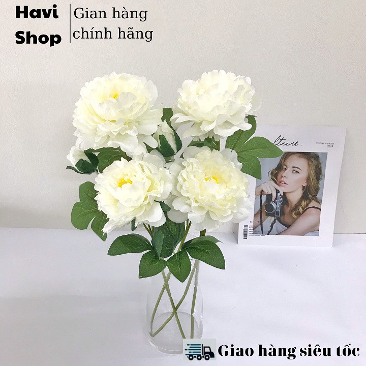 Hoa giả - Combo 10 cành Hoa Mẫu Đơn Havi 70cm cành 2 bông to 1 nụ nhỏ trang trí đẹp, giống thật