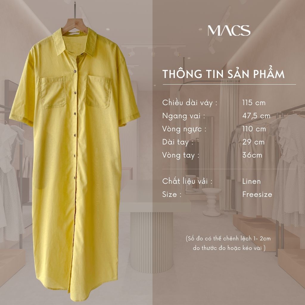 Váy sơ mi cộc tay dáng dài, Váy linen cao cấp che khuyết điểm tôn dáng, Macs Aster Dress