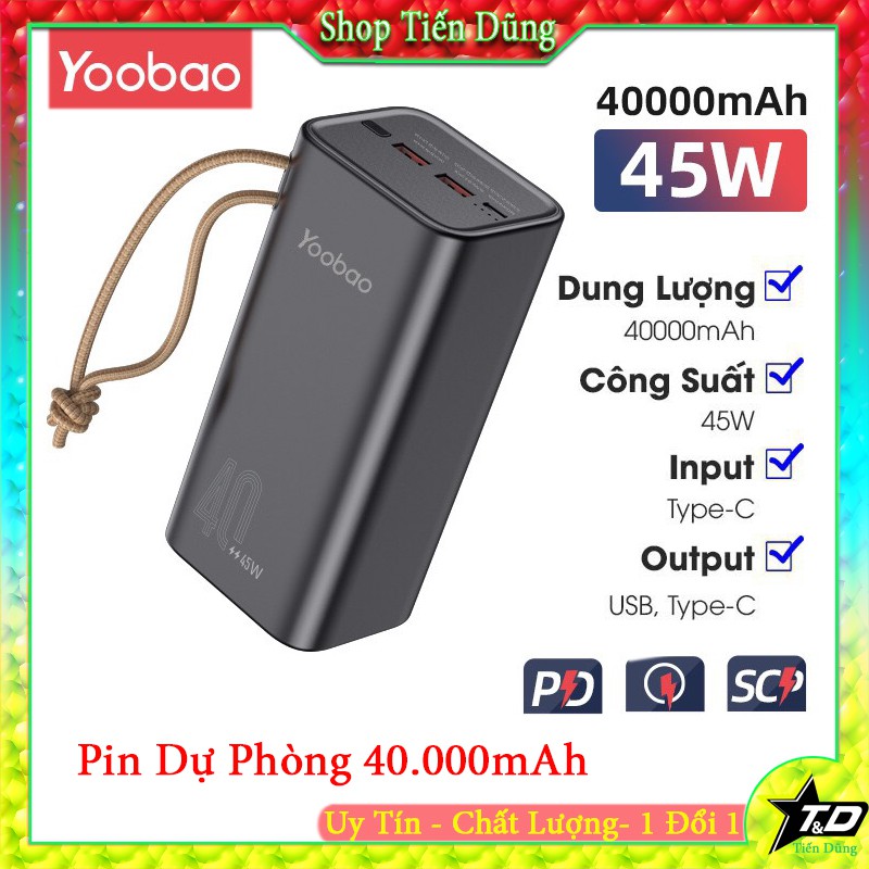 Pin sạc dự phòng Yoobao H40 dung lượng 40000mAh công suất 45W sạc nhanh cho điện thoại macbook