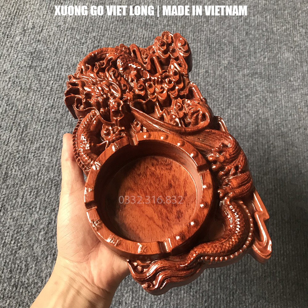 Gạt tàn gỗ hương đỏ nguyên tấm - hình cá chép và rồng bay