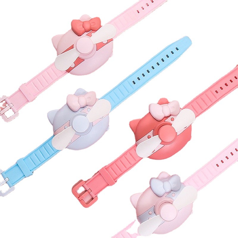 Quạt Đeo Tay Mini Hình Đồng Hồ Mèo Kitty Sạc Cổng USB Dùng Trong Nhà / Ngoài Trời Cho Bé