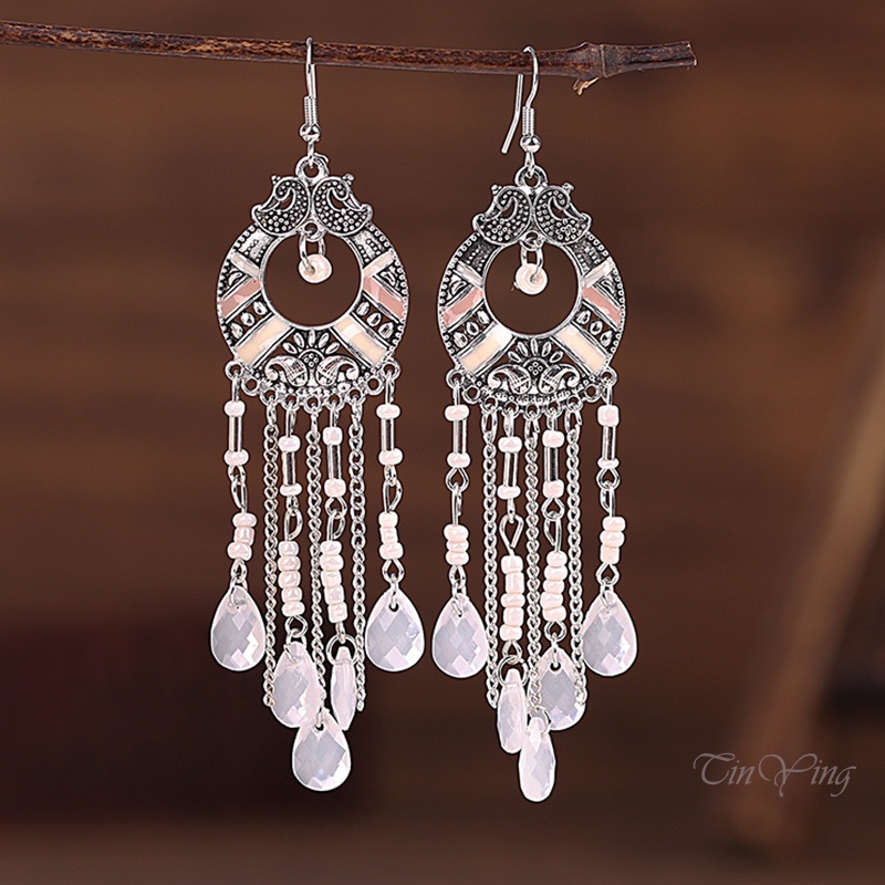 GETNOIVAS Đôi bông tai hợp kim đính đá hình giọt nước phối tua rua phong cách cổ điển thời trang cho nữ
