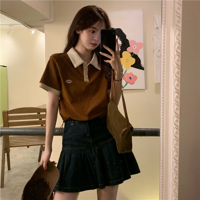 COZOK Áo polo Ngắn Tay Ôm Dáng Xinh Xắn Theo Phong Cách retro