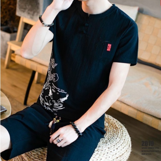 Set đồ Hán phục vải lanh cotton thêu họa tiết phong cách Trung Hoa cổ điển thời trang cho nam