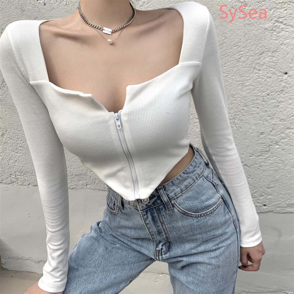 Áo croptop tay dài cổ vuông phối khóa kéo gợi cảm cho nữ