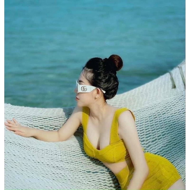 [ FREESHIP- SẴN ] Set bikini đi biển vàng đũi có đệm ngực ( ảnh thật )