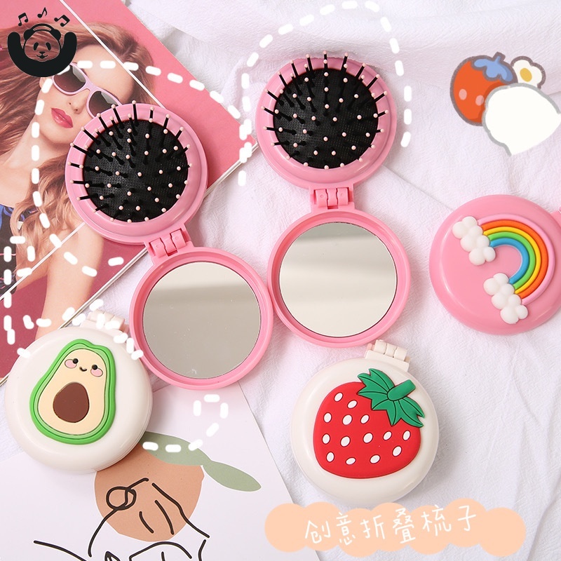 Gương trang điểm tích hợp lược xếp gọn in hình dễ thương