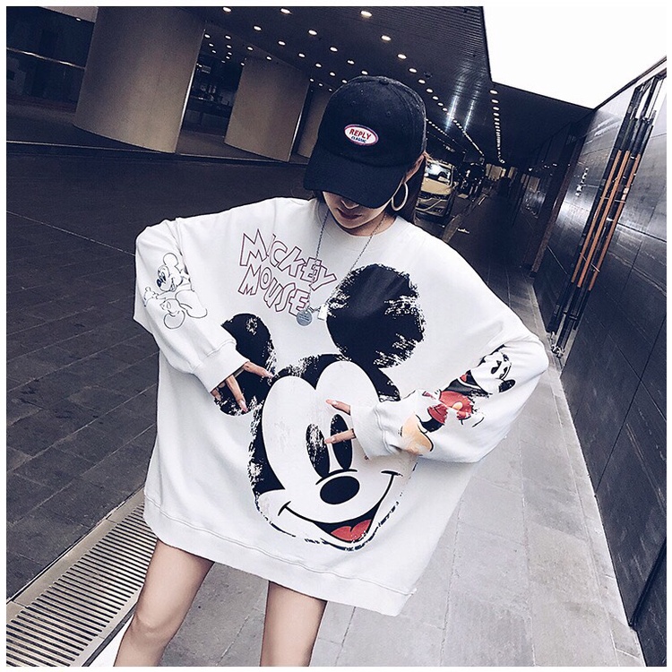 Áo Sweater Nỉ Nữ MICKEY MOUSE 🦋 Áo Thun Nữ Cổ Tròn Dài Tay Họa Tiết In 2 Màu 🦋