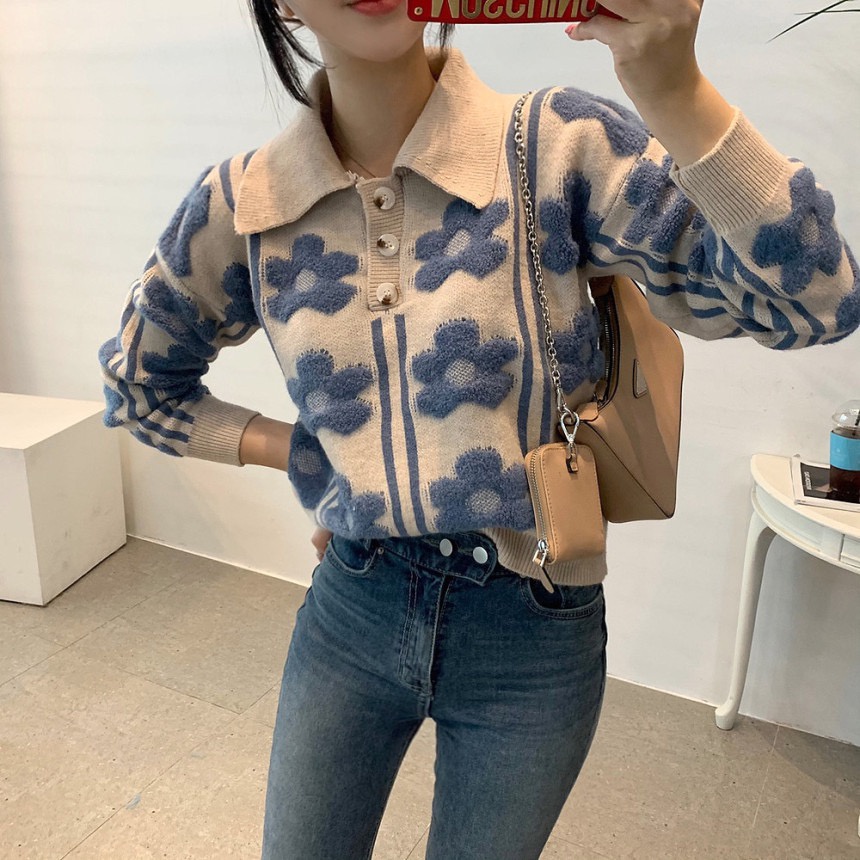Áo sweater dệt kim tay dài in hoa ba chiều phong cách Pháp cổ điển
