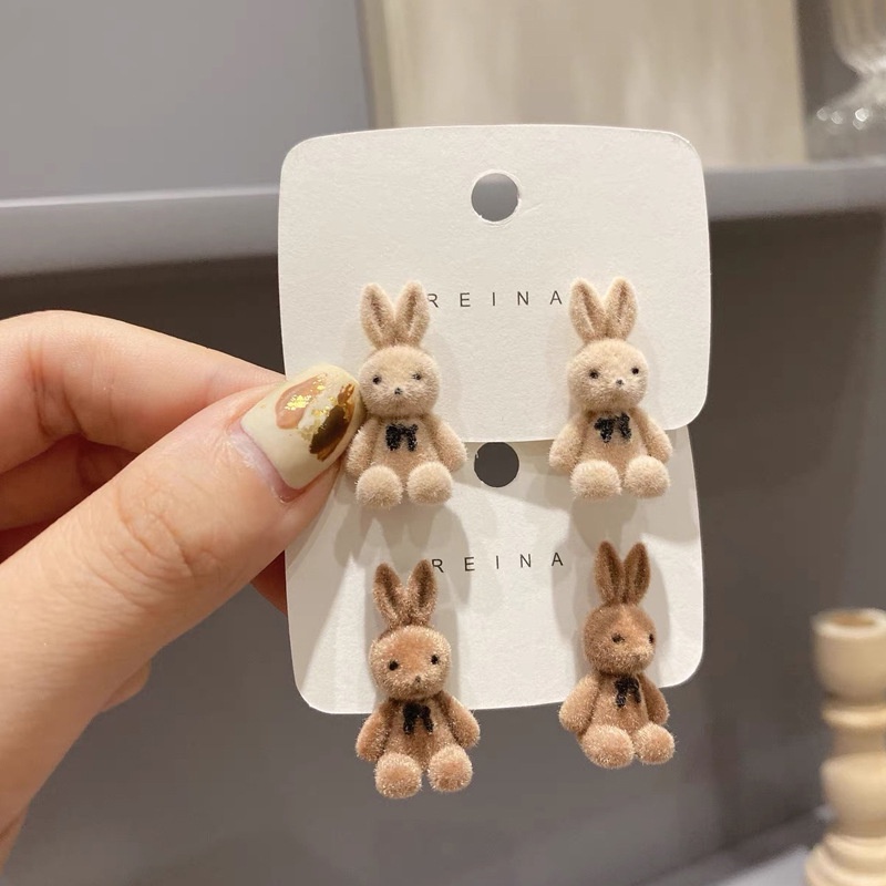 [Vintage Cute Autumn and Winter Flocking Bunny Studs Earrings] [Women Bridal Wedding Drop Earrings] [Ladies Elegant Dangle Earrings]