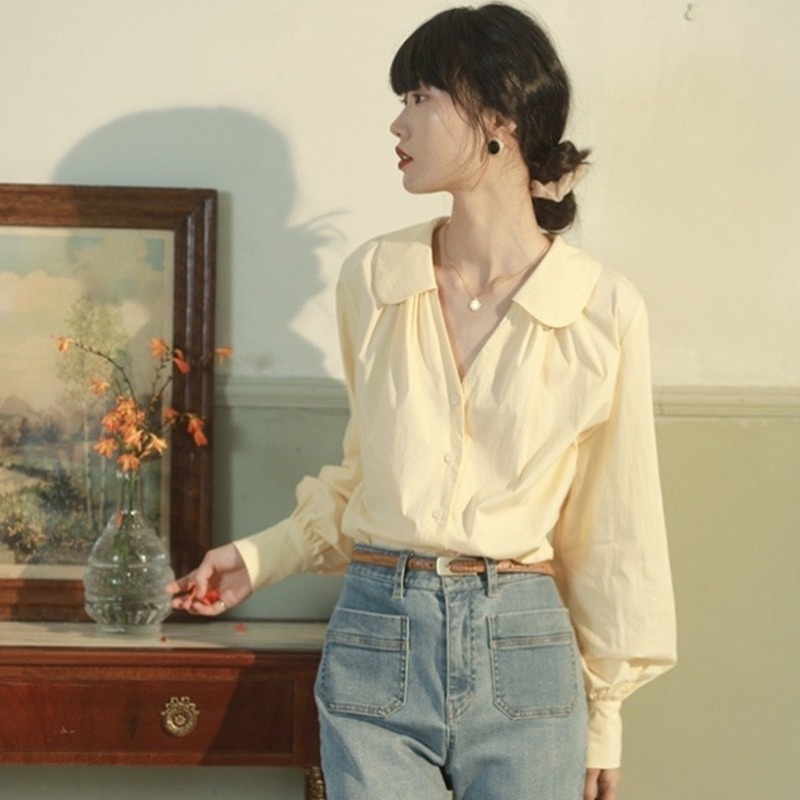 Mới Áo Sơ Mi Nữ Tay Dài Phong Cách retro Đơn Giản Ngọt Ngào 211021